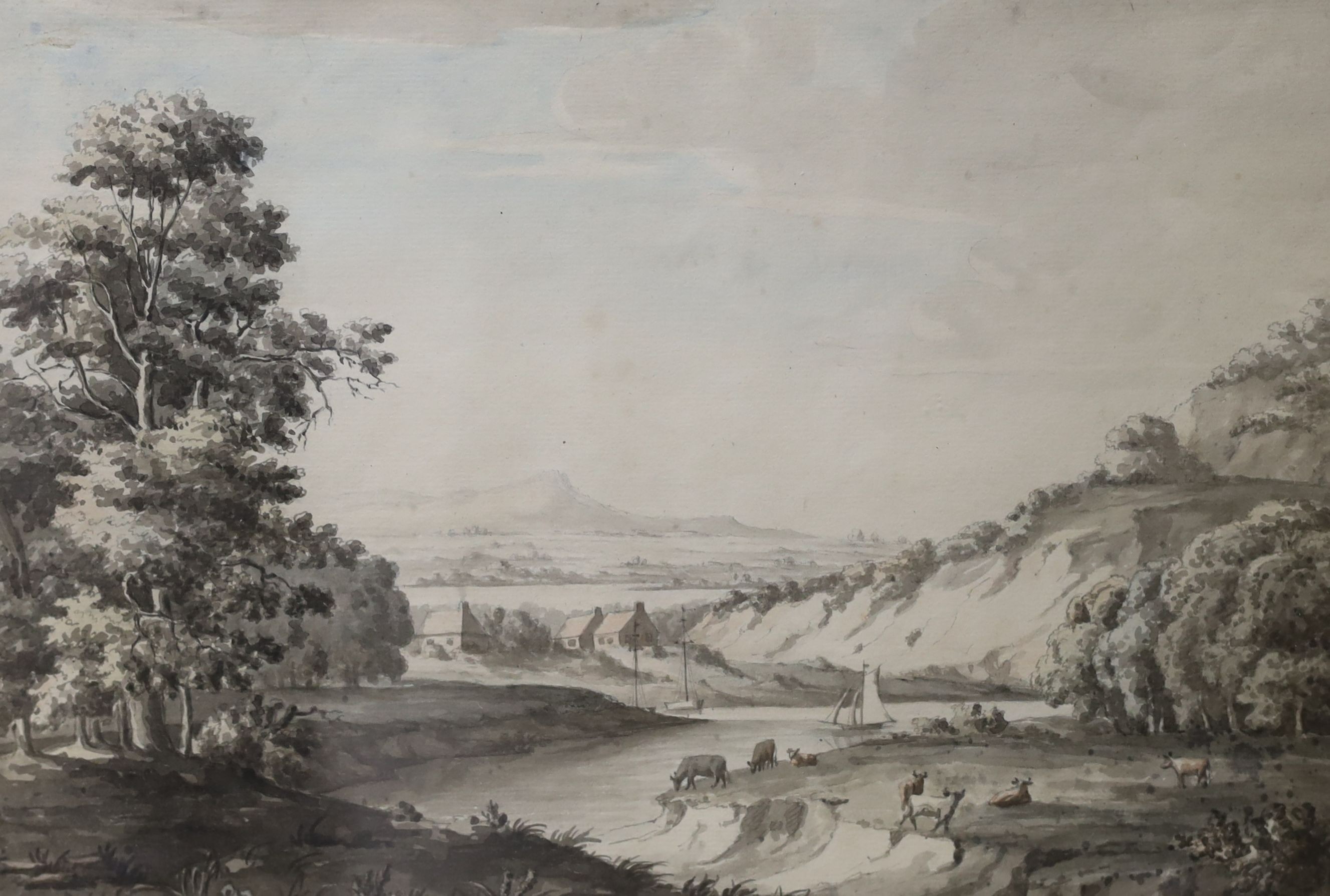 Attributed to Mary Mitford, 1770, watercolour en grisaille, River landscape, Appleby Brothers label verso, 22 x 32cm, a small watercolour attributed to James Bourne and an unframed watercolour, figure study, signed John